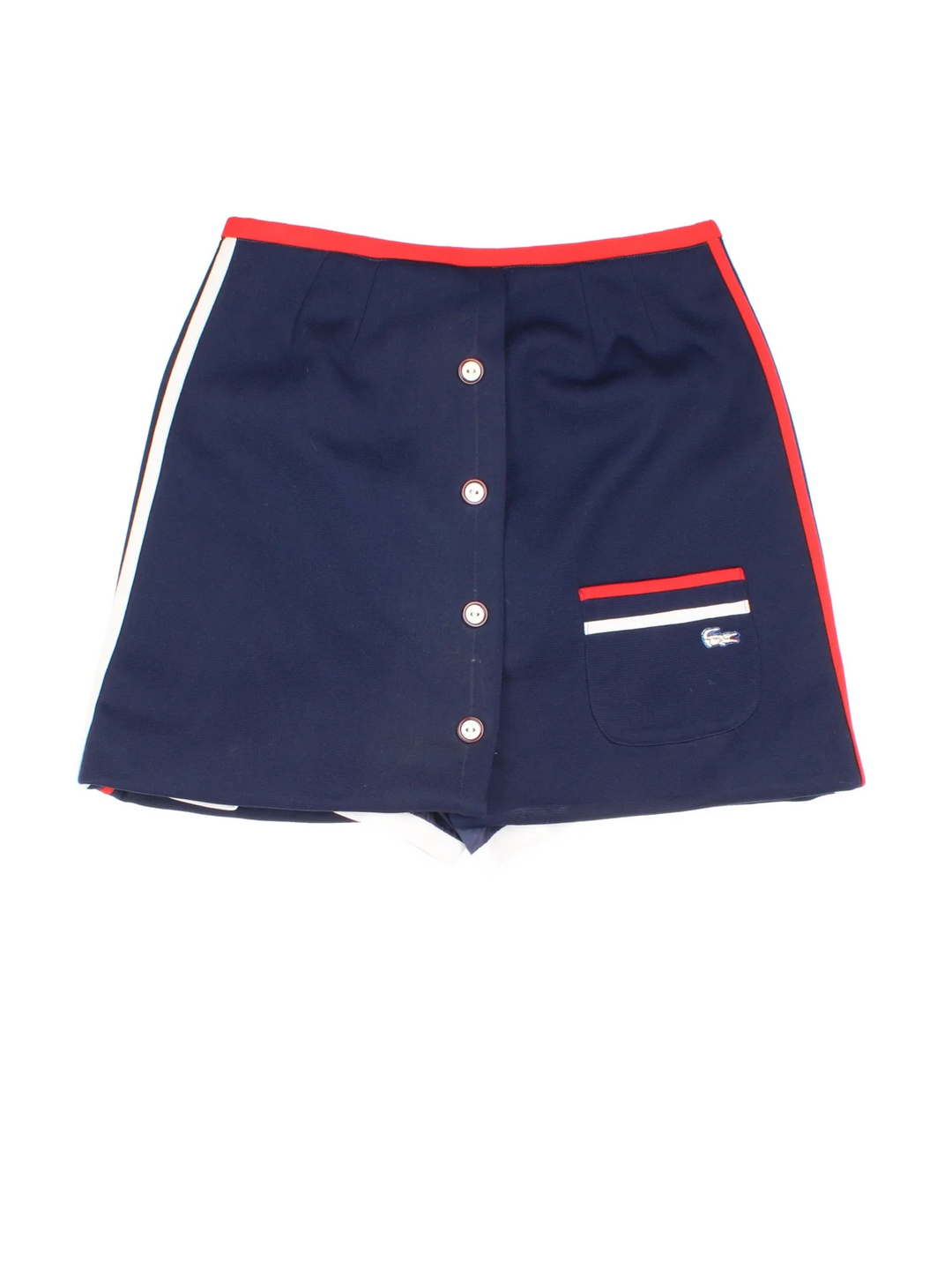 70's Lacoste Mini Skort in blue/red colourway. Button up with built in shorts and embroidered branding on the front.