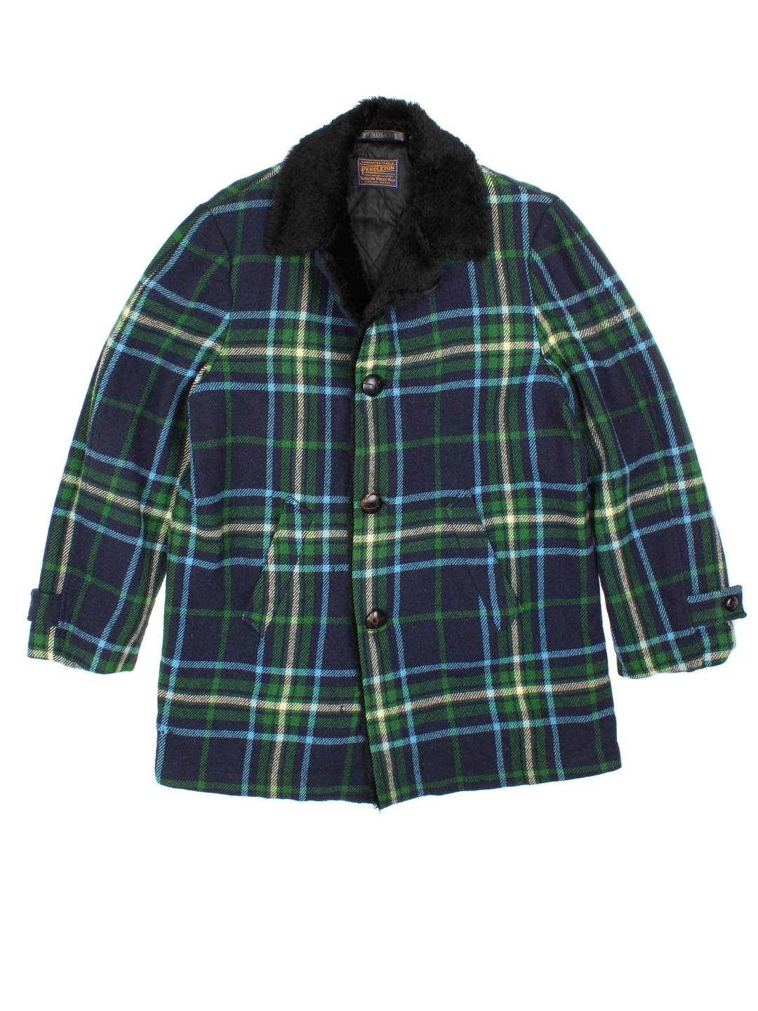 Pendleton Woollen Plaid Coat in a blue/green colourway. Buttons up, side pockets, quilted lining and faux fur trim.