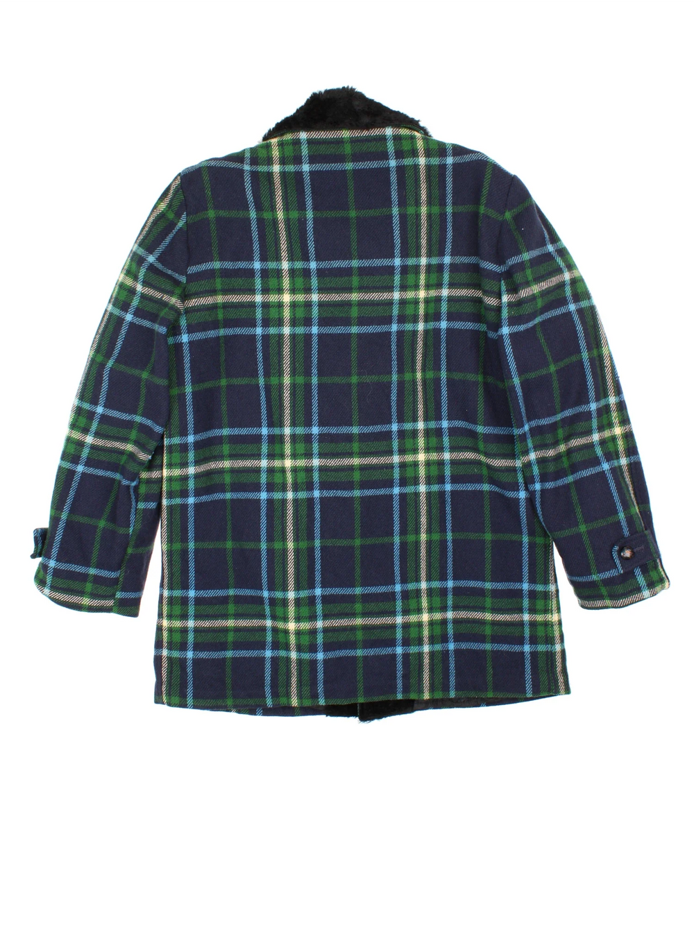 Pendleton Woollen Plaid Coat in a blue/green colourway. Buttons up, side pockets, quilted lining and faux fur trim.