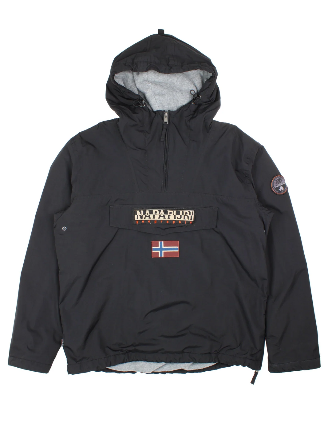 Napapijri Rainforest Pullover Jacket in a black colourway. 1/4 zip, multiple pockets, fleece lining and branding on front/sleeve.