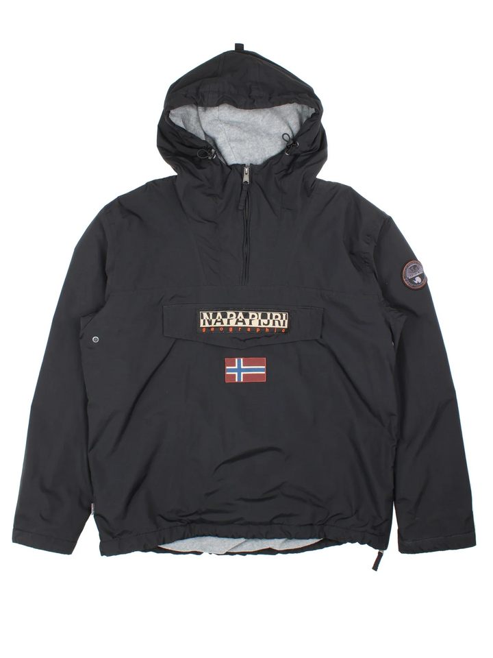 Napapijri Rainforest Pullover Jacket in a black colourway. 1/4 zip, multiple pockets, fleece lining and branding on front/sleeve.
