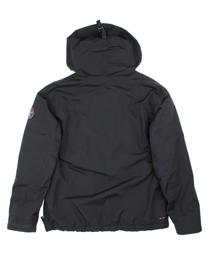 Napapijri Rainforest Pullover Jacket in a black colourway. 1/4 zip, multiple pockets, fleece lining and branding on front/sleeve.