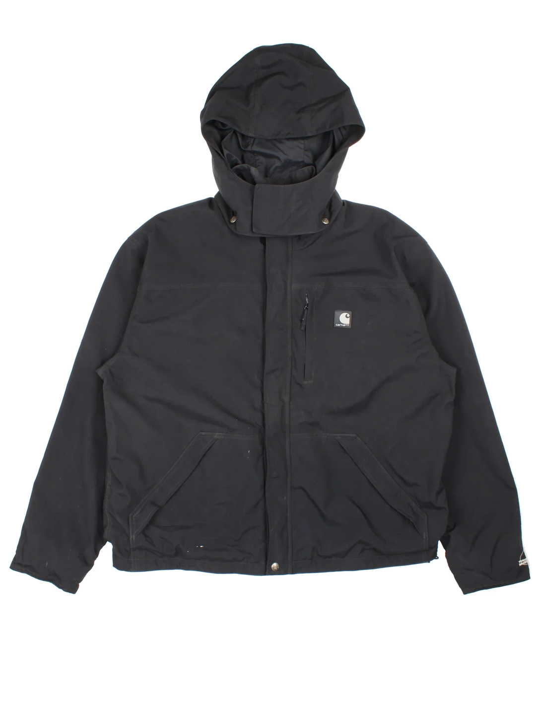 Carhartt Shoreline Jacket in a black colourway. Zips up and has multiple pockets, hooded, with branding embroidered on the front/hood.