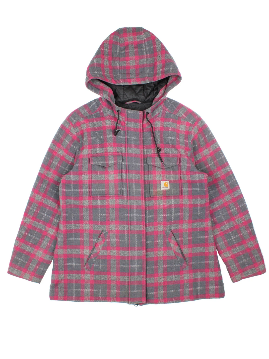 Carhartt Camden Wool Parka in a grey/pink colourway. Zips up and has multiple pockets, hooded, with branding embroidered on the front/hood.