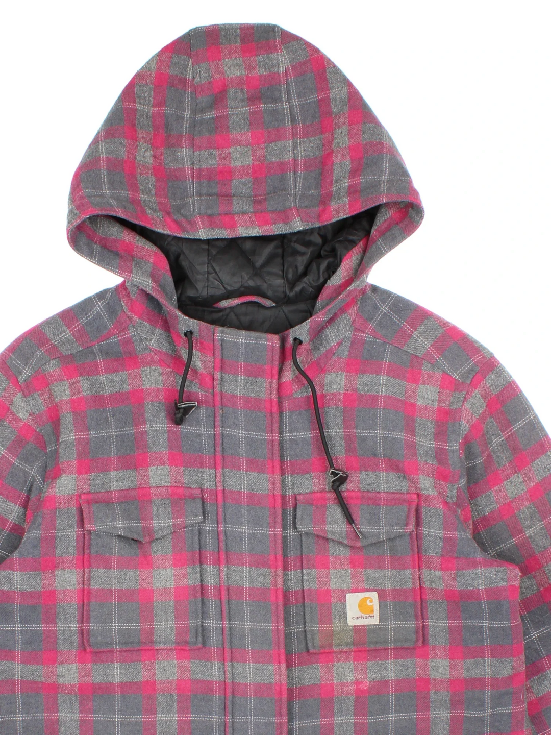 Carhartt Camden Wool Parka in a grey/pink colourway. Zips up and has multiple pockets, hooded, with branding embroidered on the front/hood.