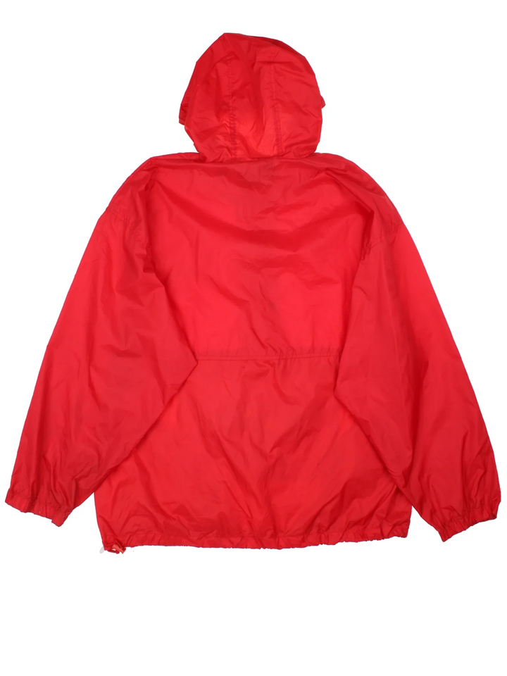 Vintage Red Stripe Jamaican Beer Windbreaker Anorak Jacket in a red colourway. Half zip and button up closure, has multiple pockets, hooded, and has the spell out logo embroidered on the front.