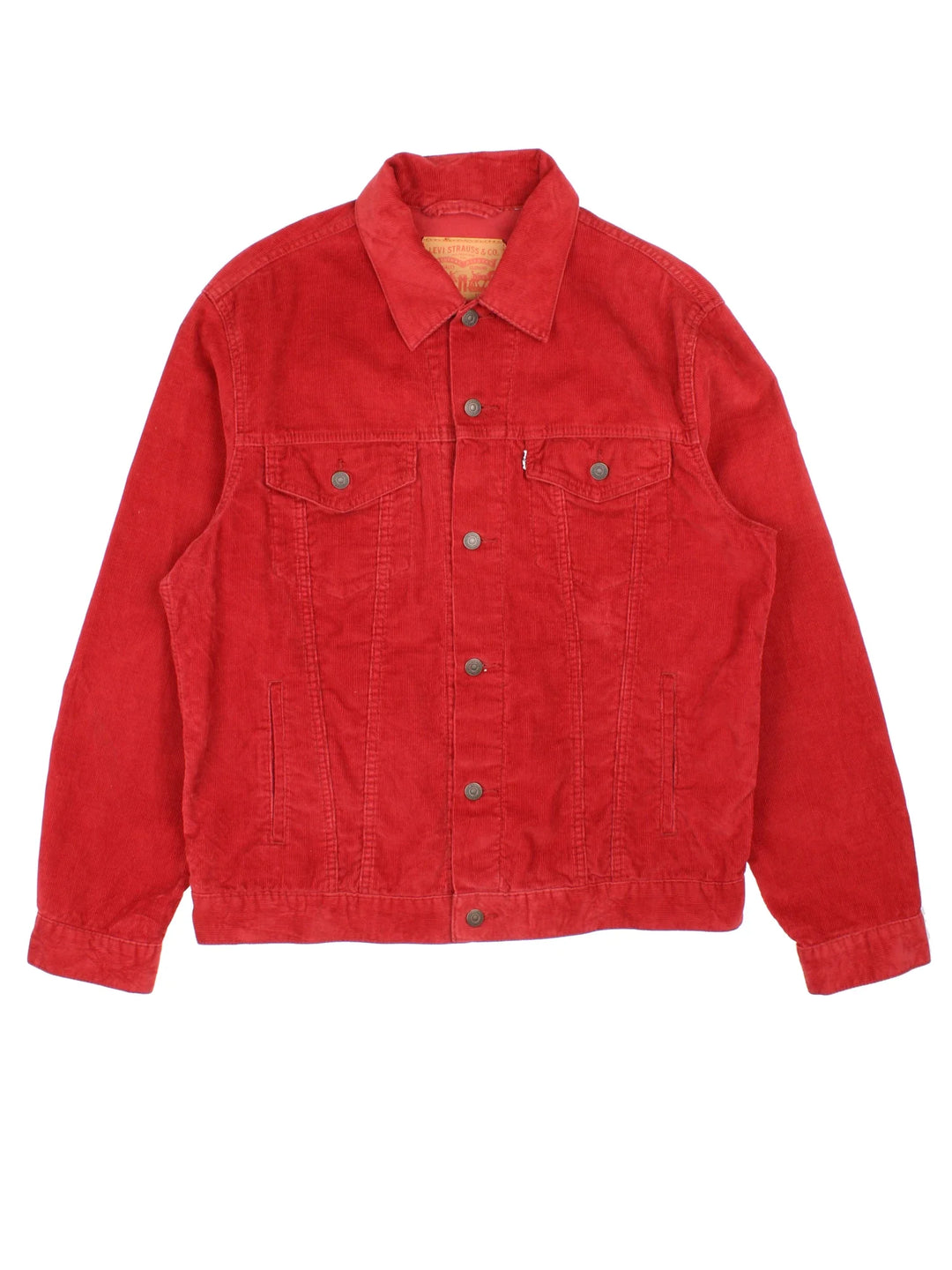 Levi Strauss Corduroy Jacket in a red colourway. Buttons up and has multiple pockets with the logo tab embroidered on the front.