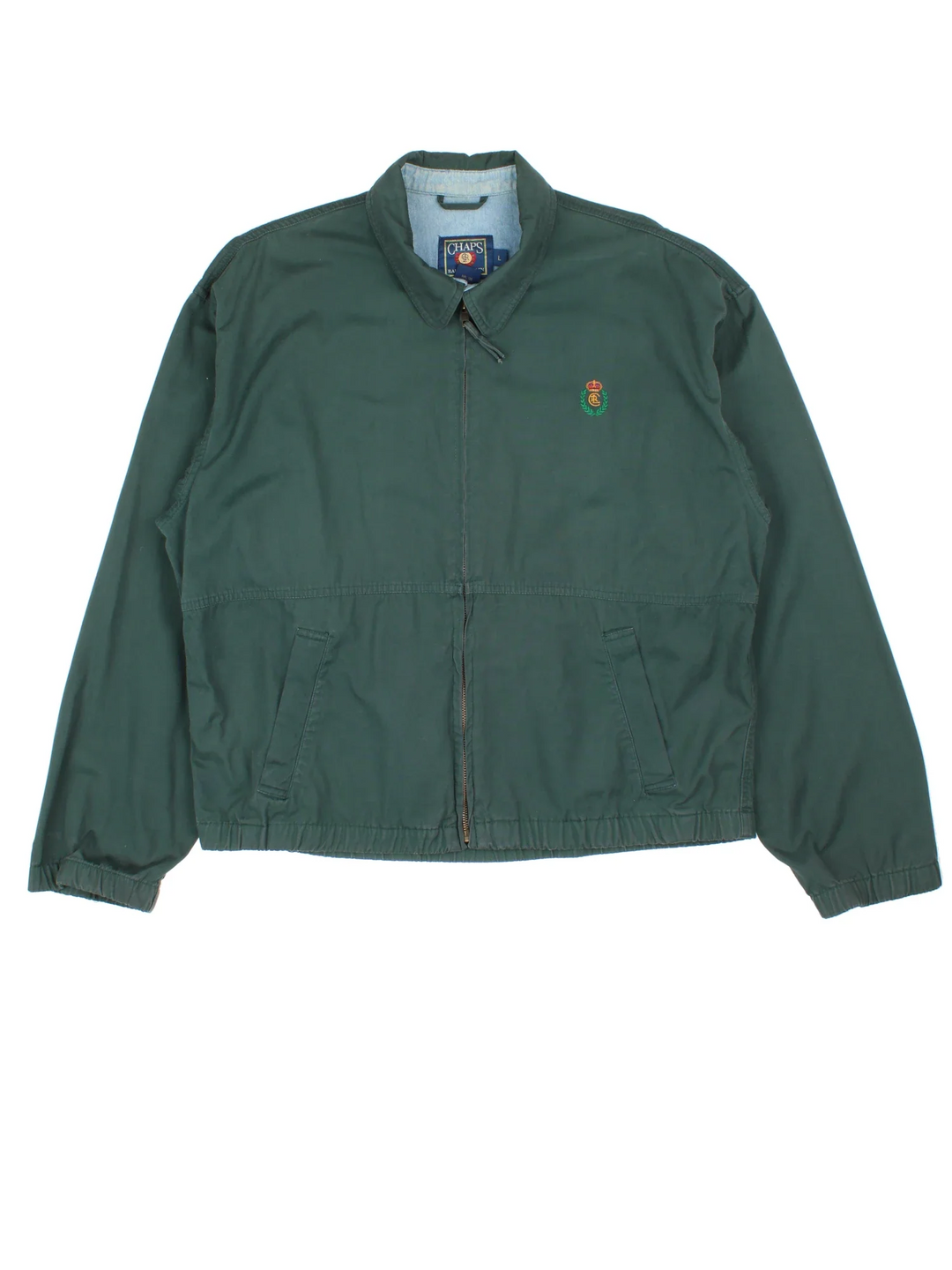 Chaps Ralph Lauren Harrington Jacket in a green colourway. Zips up and has side pockets, and the logo embroidered on the front.