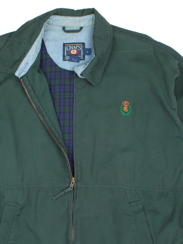 Chaps Ralph Lauren Harrington Jacket in a green colourway. Zips up and has side pockets, and the logo embroidered on the front.