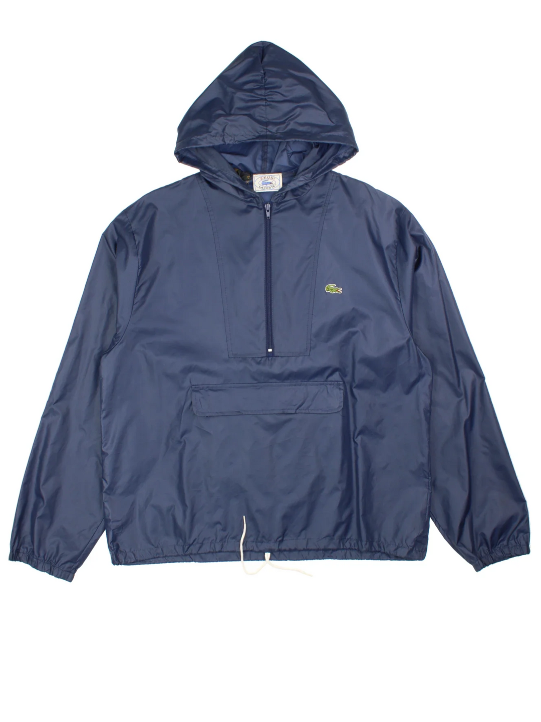 80's Lacoste Izod Windbreaker Jacket in a blue colourway. Half zip up closure, has pouch pocket, hooded, and the logo embroidered on the front.