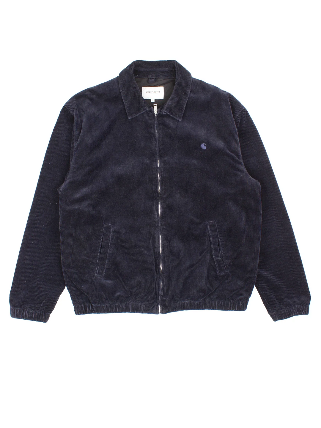 Carhartt Corduroy Jacket in a blue colourway. Zips up and has side pockets, and the logo embroidered on the front.