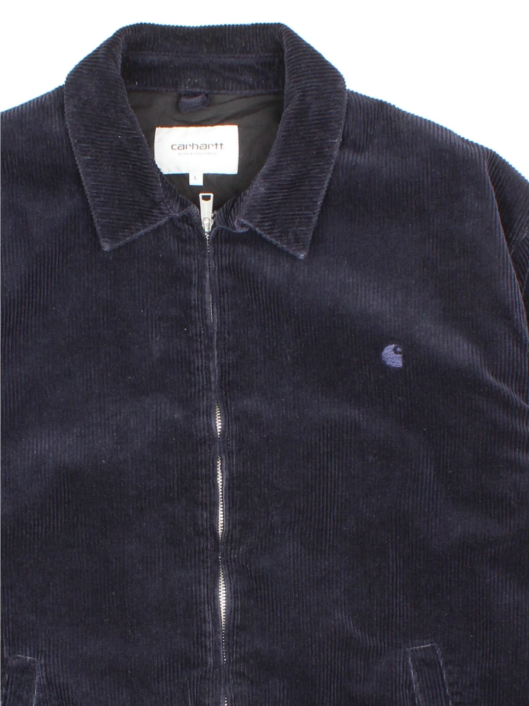 Carhartt Corduroy Jacket in a blue colourway. Zips up and has side pockets, and the logo embroidered on the front.