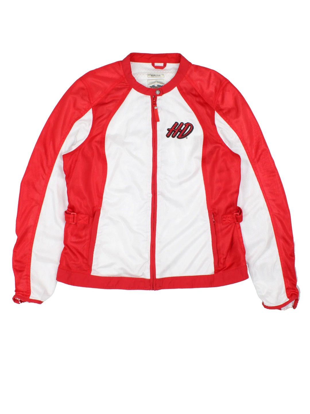 Harley-Davidson Motorcycle Jacket in a white and red colourway. Zip up and has side pockets, and the logo embroidered on the front and back.