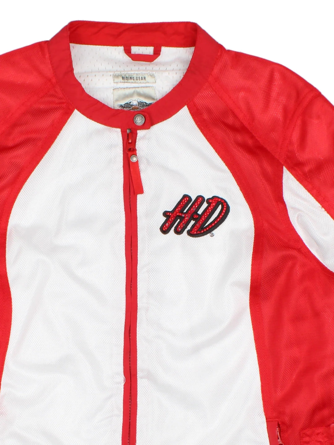 Harley-Davidson Motorcycle Jacket in a white and red colourway. Zip up and has side pockets, and the logo embroidered on the front and back.