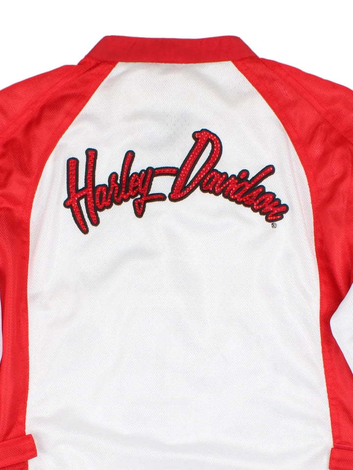 Harley-Davidson Motorcycle Jacket in a white and red colourway. Zip up and has side pockets, and the logo embroidered on the front and back.