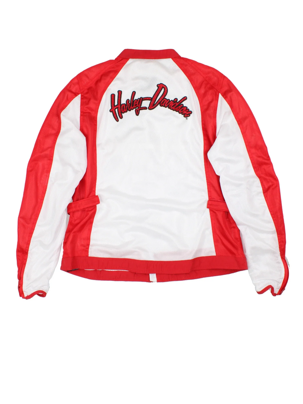 Harley-Davidson Motorcycle Jacket in a white and red colourway. Zip up and has side pockets, and the logo embroidered on the front and back.
