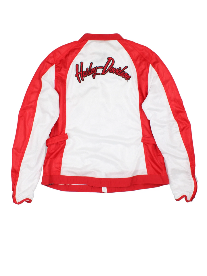 Harley-Davidson Motorcycle Jacket in a white and red colourway. Zip up and has side pockets, and the logo embroidered on the front and back.
