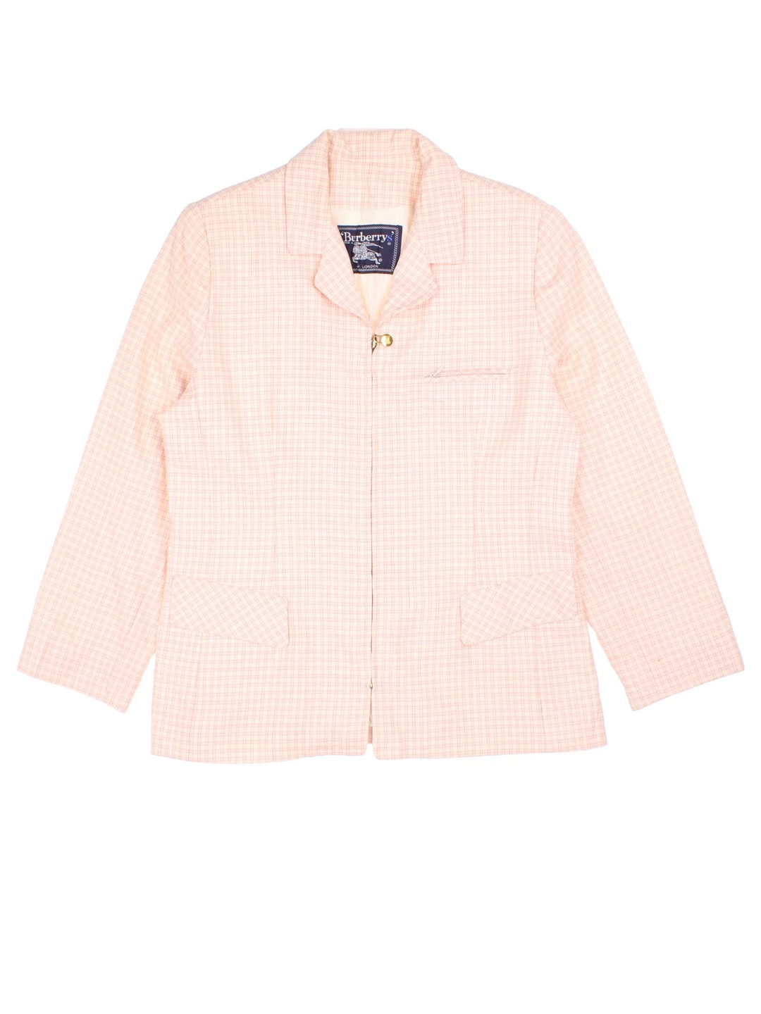 Vintage Burberry Blazer in a pink plaid pattern colourway. Zips up and has multiple pockets.