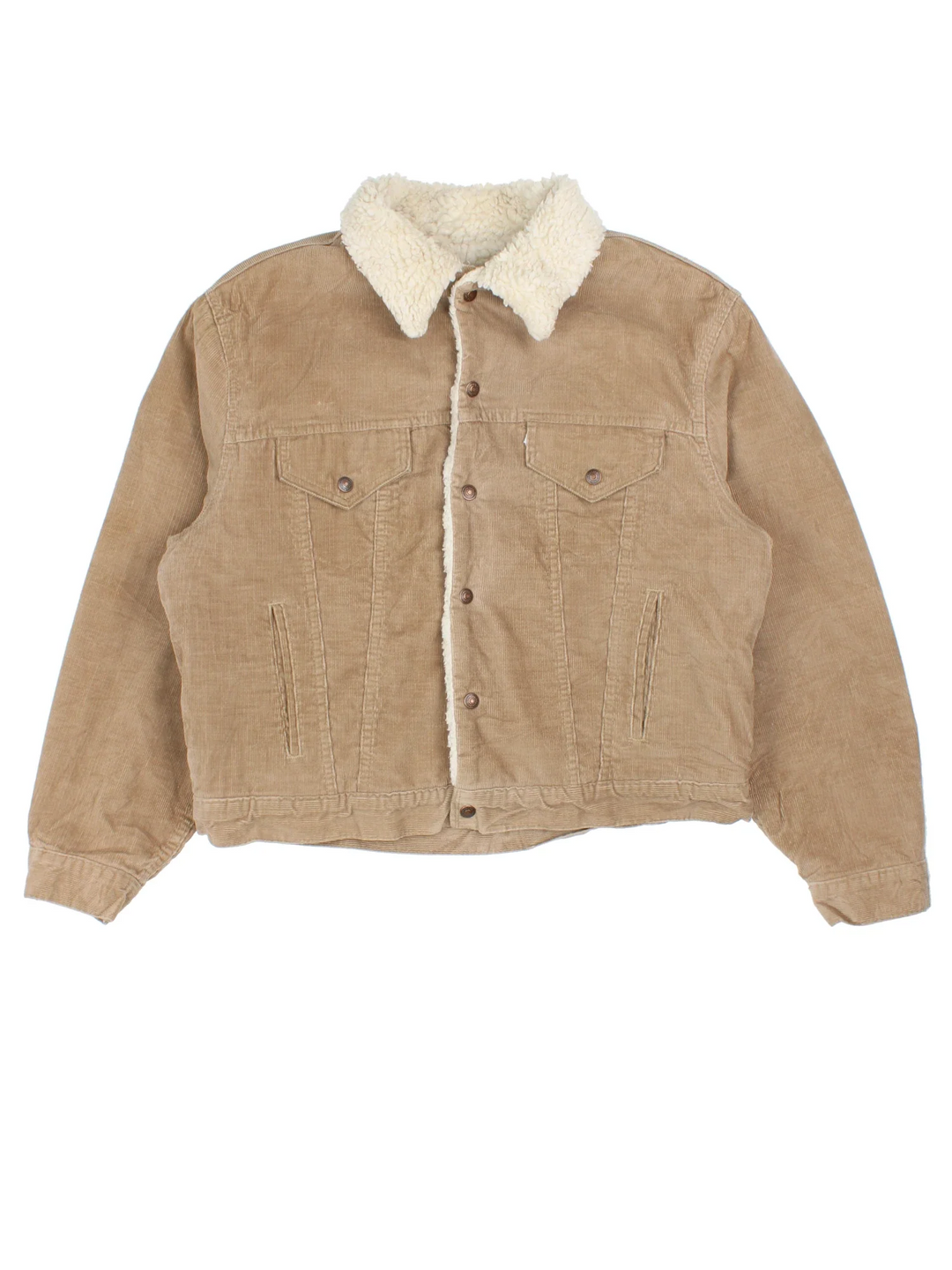 Vintage Levi Strauss Corduroy Jacket in a tan colourway. Buttons up and has multiple pockets and sherpa insulated lining.
