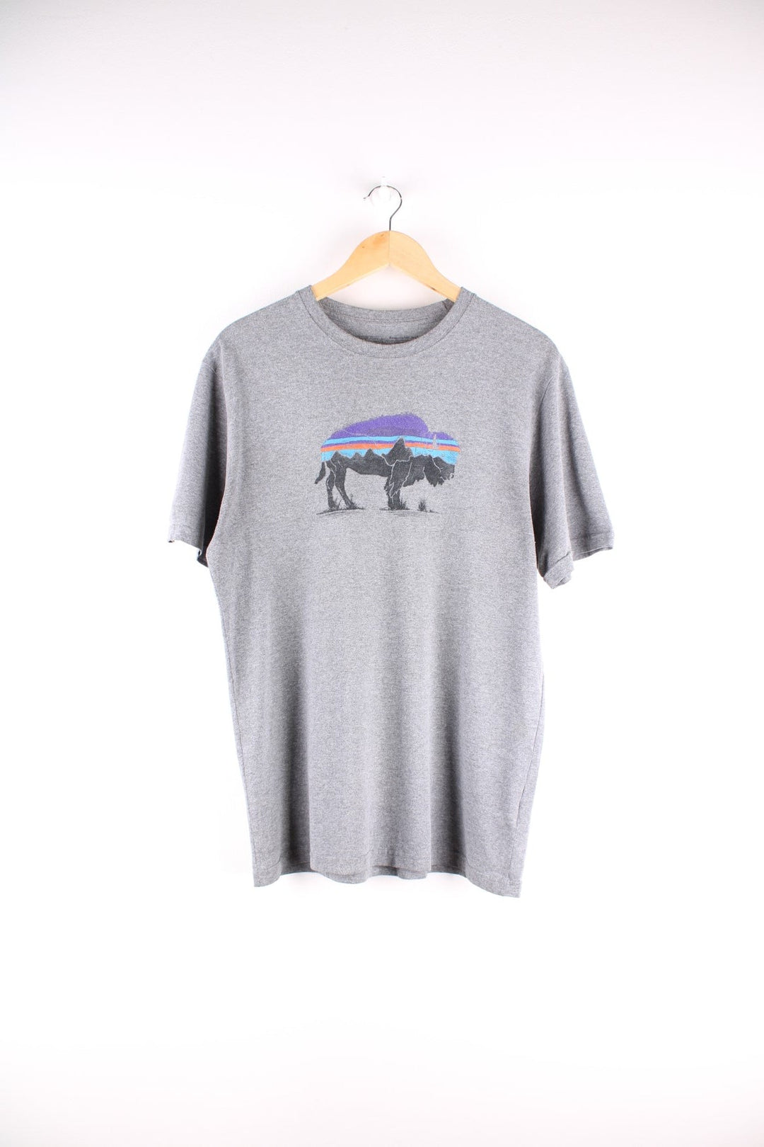 Patagonia Fitz Roy Bison t-shirt in grey with mountain graphic in the shape of a bison.