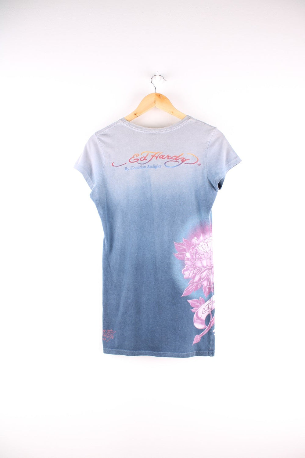 Y2K Ed Hardy by Christian Audigier t-shirt in a blue colourway with front and back spellout, 'Death or Glory' skull graphic, and flowers wrapping around to the back.