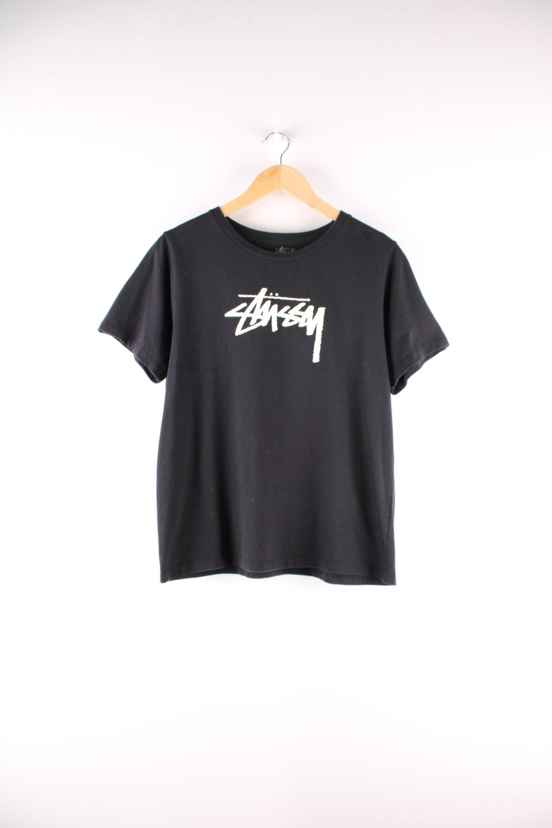 Stussy t-shirt in black with a printed logo in white.