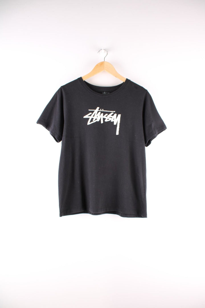 Stussy t-shirt in black with a printed logo in white.