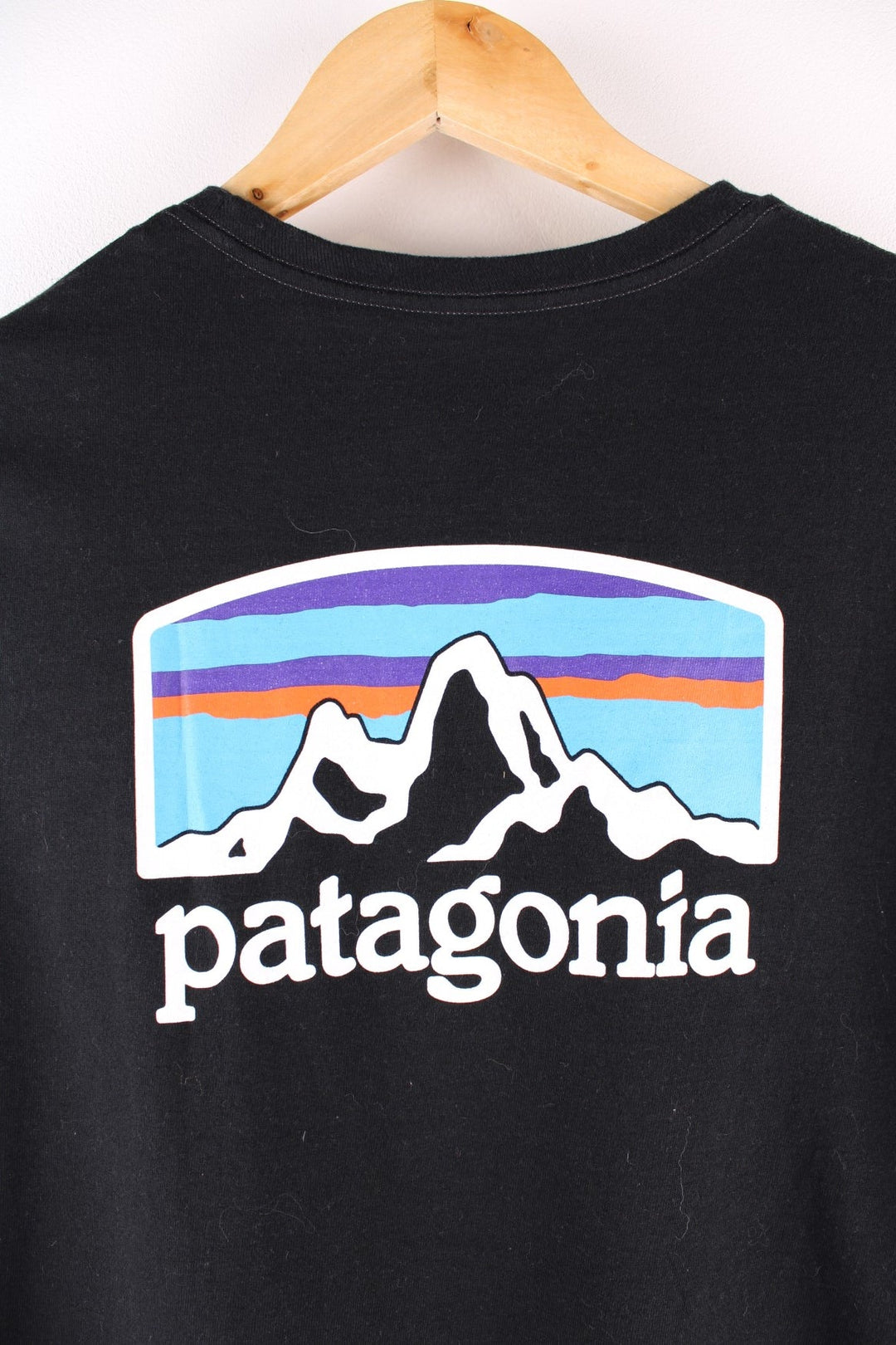 Patagonia t-shirt in black with a small spellout in white on the front, and a logo graphic on the back.