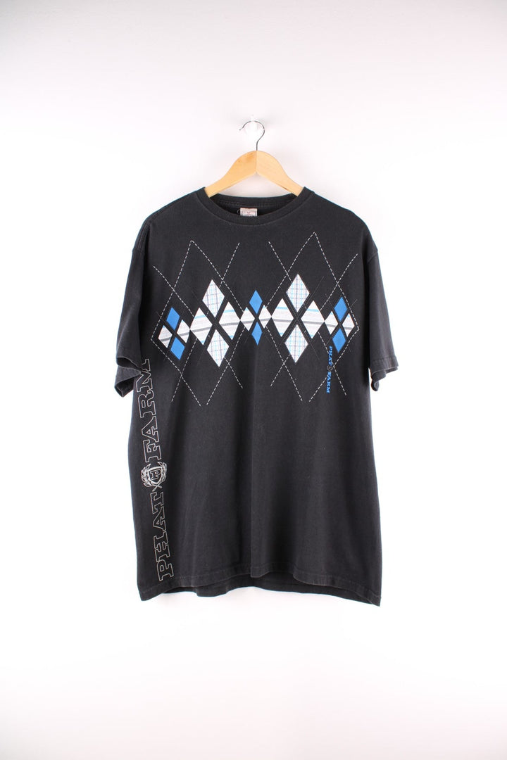 Vintage Phat Farm t-shirt in black with a blue and white argyle print, and a logo up the right side.