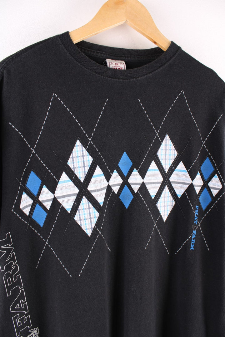 Vintage Phat Farm t-shirt in black with a blue and white argyle print, and a logo up the right side.