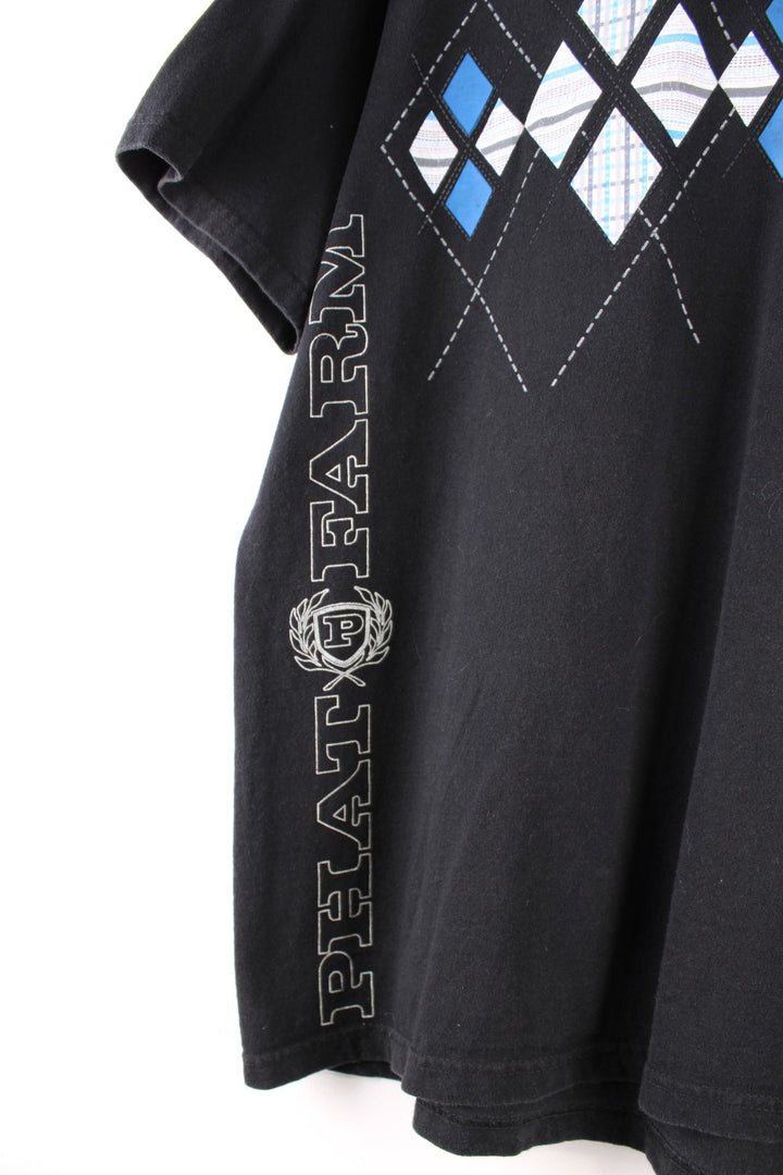 Vintage Phat Farm t-shirt in black with a blue and white argyle print, and a logo up the right side.
