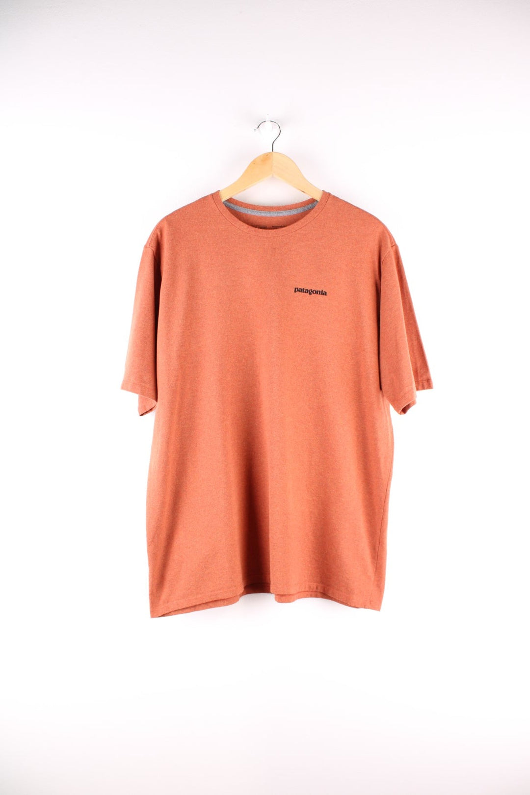Patagonia t-shirt in burnt orange with a small spellout on the front and large logo on the back.