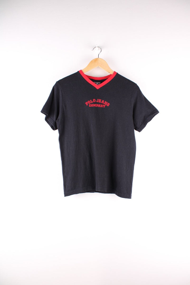 90's Ralph Lauren Polo Jeans Co. v-neck t-shirt in navy blue with red accents and spell out logo embroidered across the front.