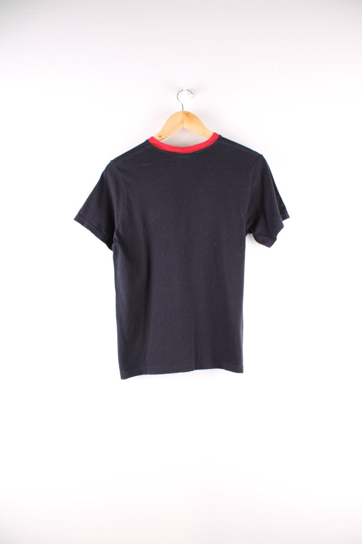 90's Ralph Lauren Polo Jeans Co. v-neck t-shirt in navy blue with red accents and spell out logo embroidered across the front.