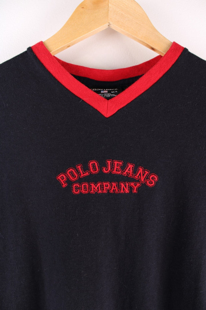 90's Ralph Lauren Polo Jeans Co. v-neck t-shirt in navy blue with red accents and spell out logo embroidered across the front.