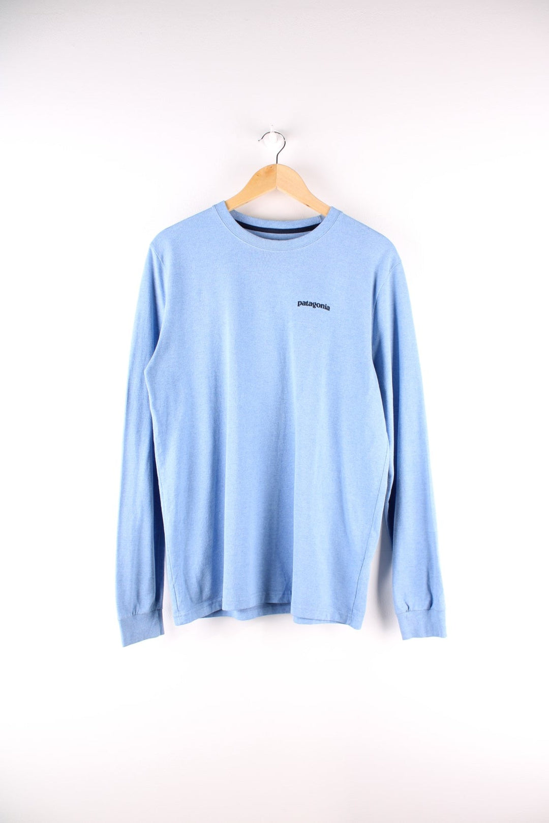 Patagonia long sleeved t-shirt in a blue with a small spellout on the front and a large mountain logo on the back.