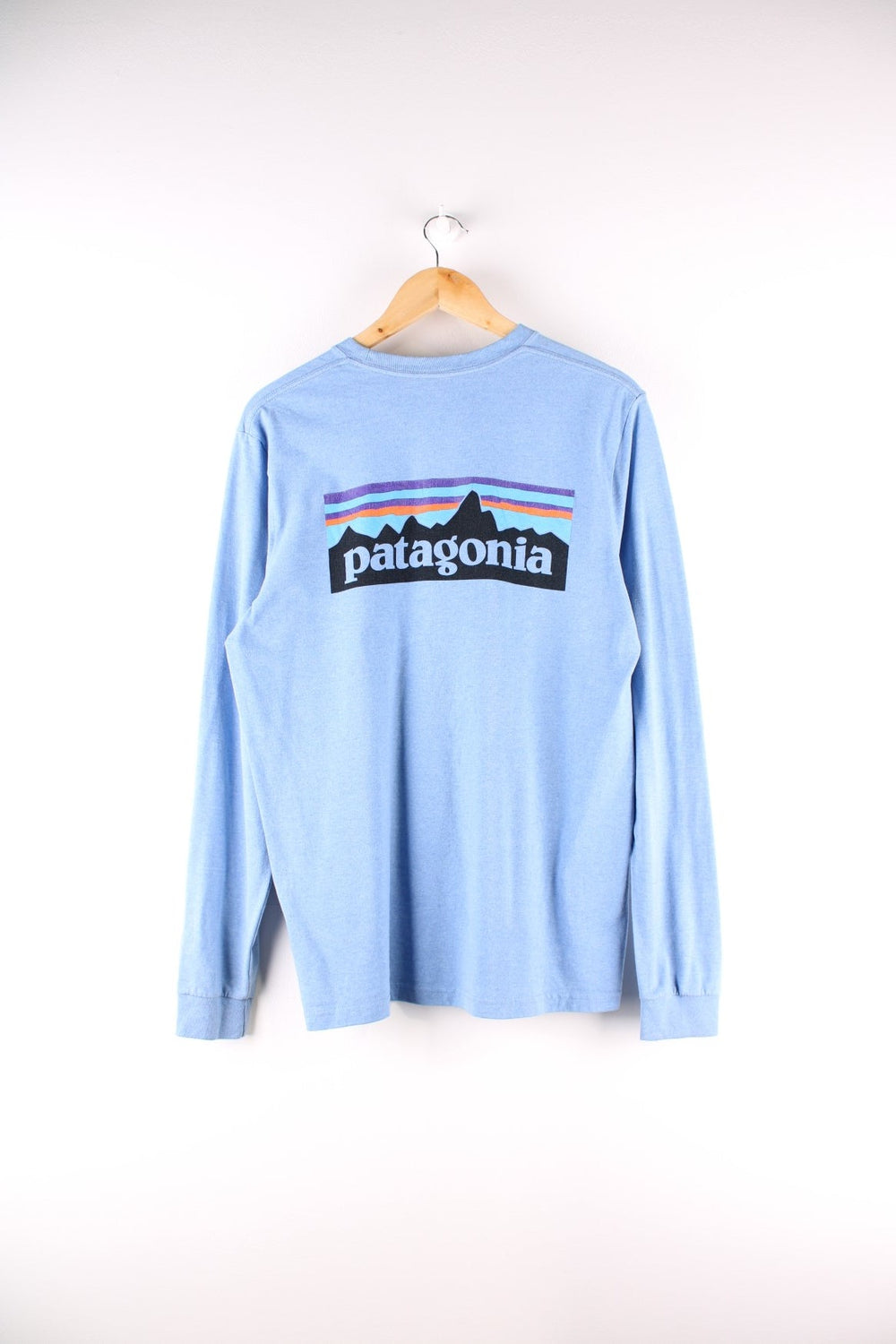 Patagonia long sleeved t-shirt in a blue with a small spellout on the front and a large mountain logo on the back.