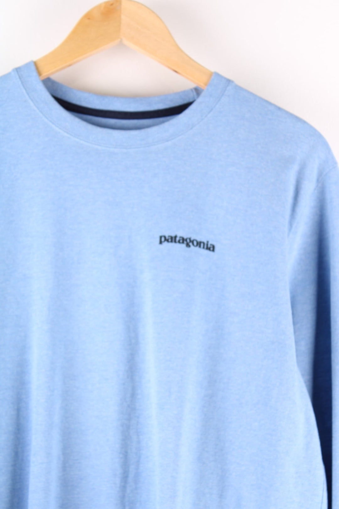 Patagonia long sleeved t-shirt in a blue with a small spellout on the front and a large mountain logo on the back.