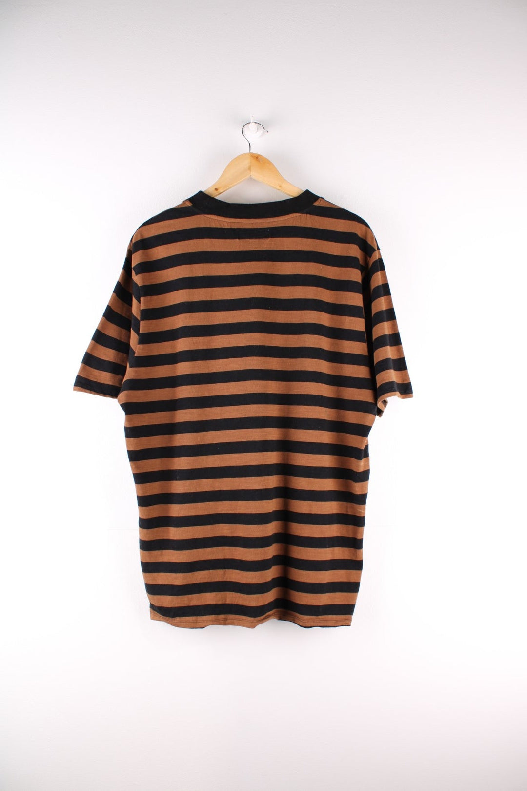 Vintage 90's Guess t-shirt in a brown and black striped colourway with the spell out logo embroidered on the front.