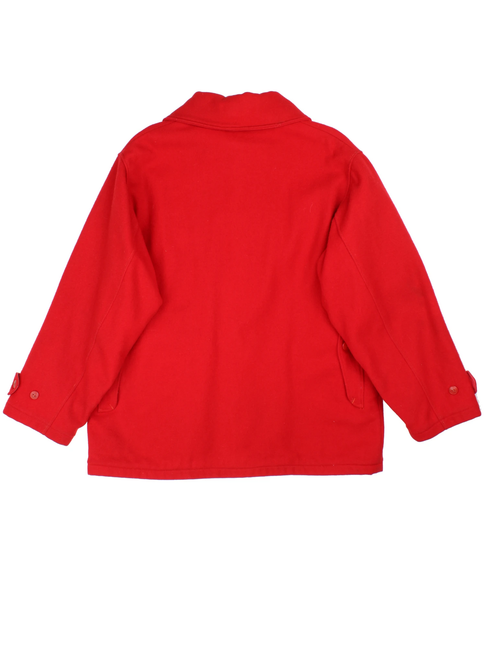 Woolrich red CPO jacket with zip closure and four pockets. Quilt lined with hunting themed pattern inside. 