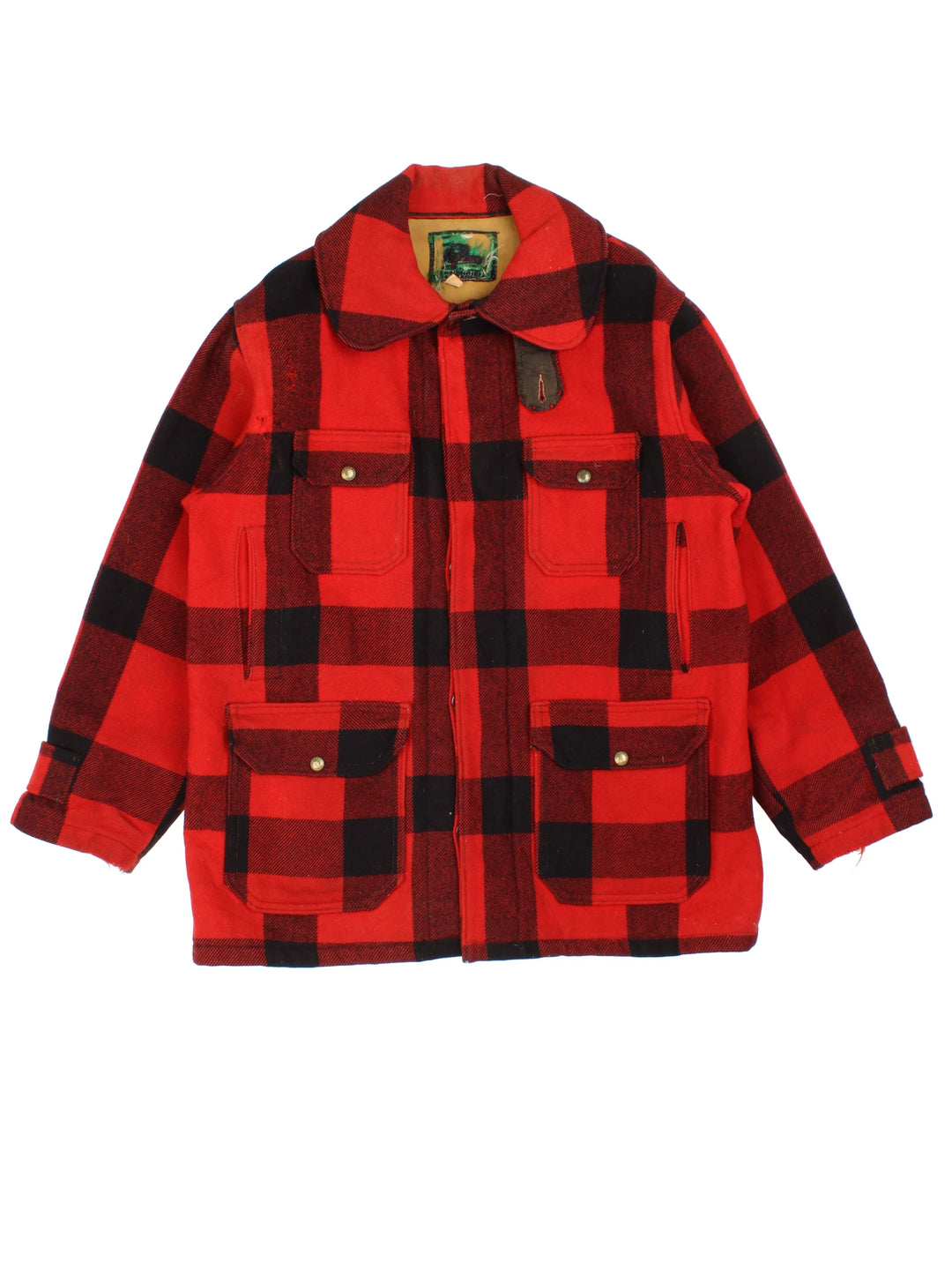 Vintage Woolrich Plaid Wool Coat in a red and black colourway, button up with a big collar and has multiple pockets.