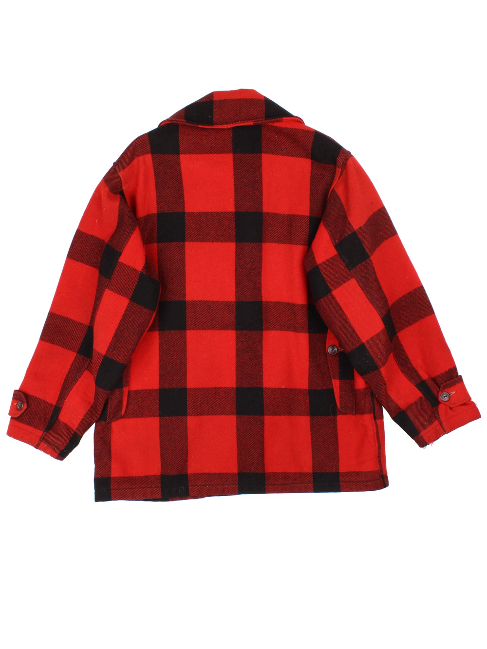 Vintage Woolrich Plaid Wool Coat in a red and black colourway, button up with a big collar and has multiple pockets.