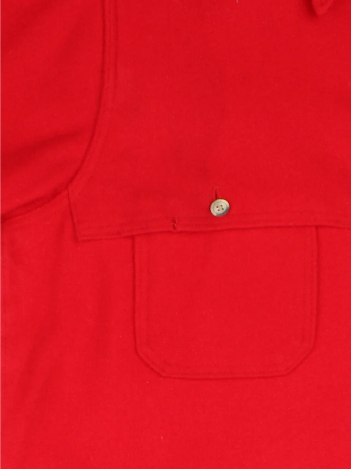 Vintage Eddie Bauer Woollen CPO Over Coat in a red colourway. Buttons up and has multiple pockets.