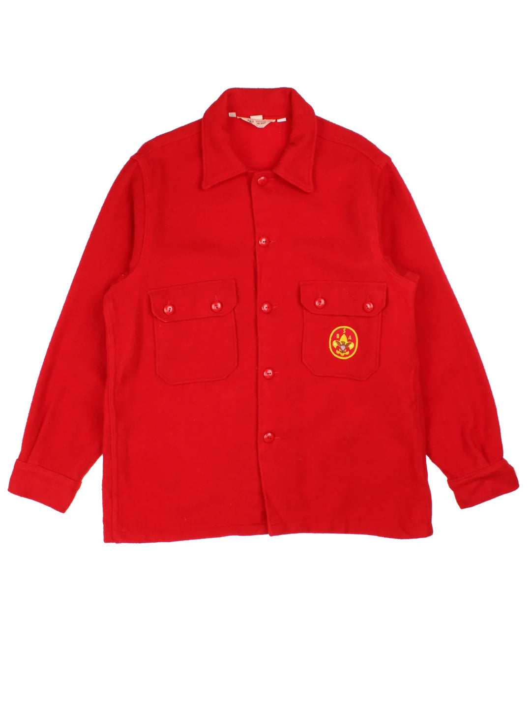 Vintage Boy Scouts Of America Woollen Jacket in a red colourway. Buttons up and has double chest pockets with the logo embroidered on the front.