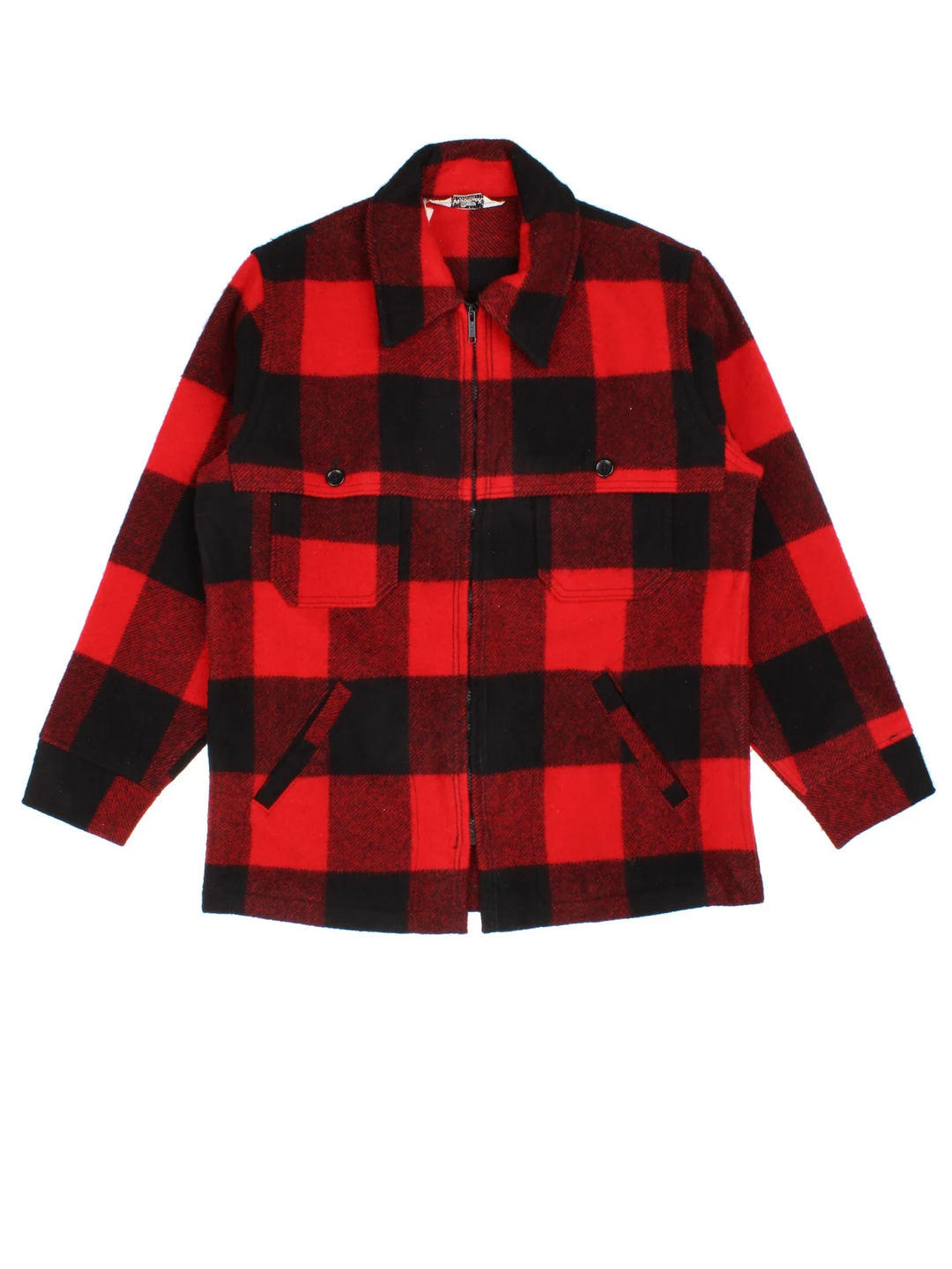 Vintage Woolrich Woollen Flannel CPO Jacket in a red and black colourway. Buttons up and has multiple pockets, and all over plaid pattern.