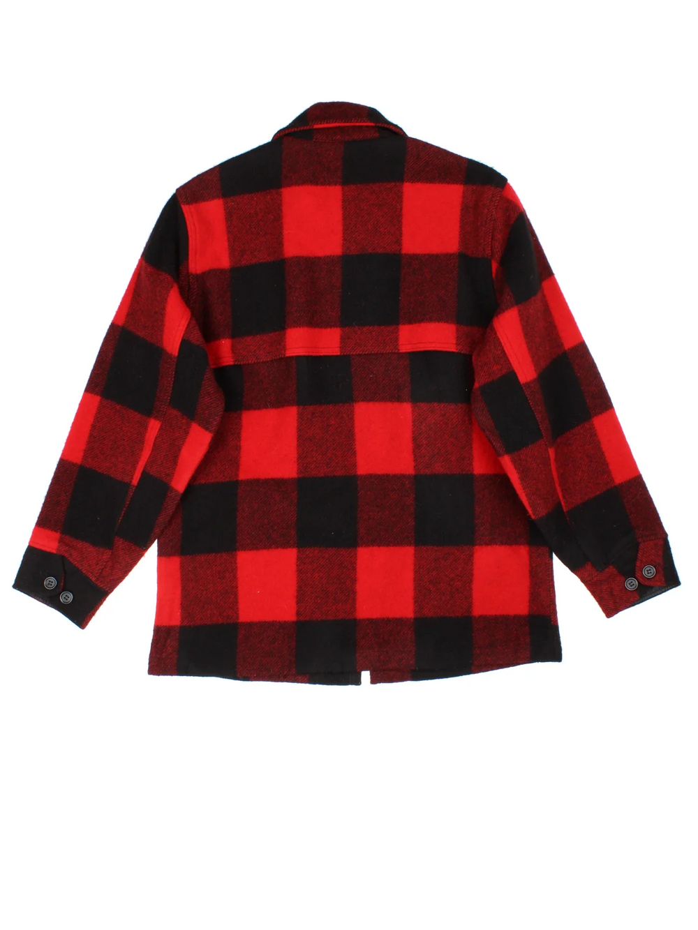 Vintage Woolrich Woollen Flannel CPO Jacket in a red and black colourway. Buttons up and has multiple pockets, and all over plaid pattern.