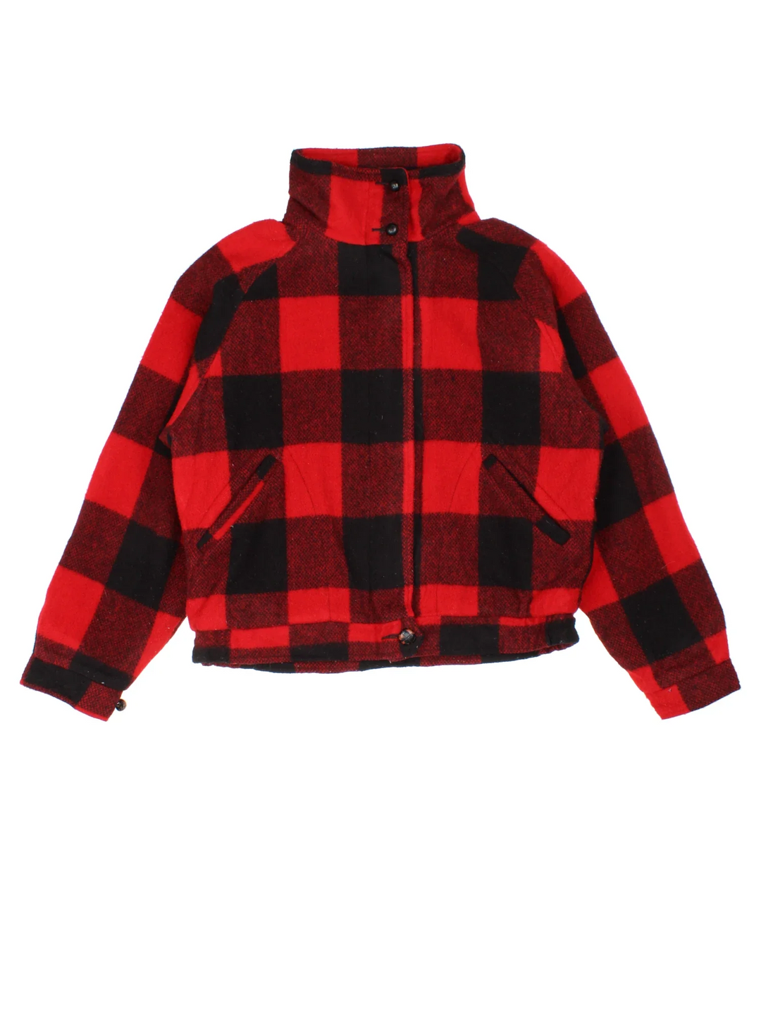 Vintage Woolrich Cropped Woollen Flannel CPO Coat in a red and black colourway. Zips up and has side pockets, and all over plaid pattern.