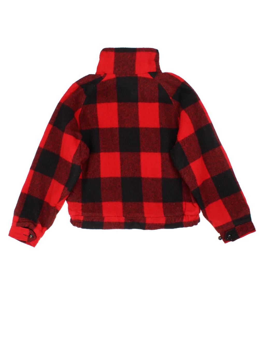Vintage Woolrich Cropped Woollen Flannel CPO Coat in a red and black colourway. Zips up and has side pockets, and all over plaid pattern.