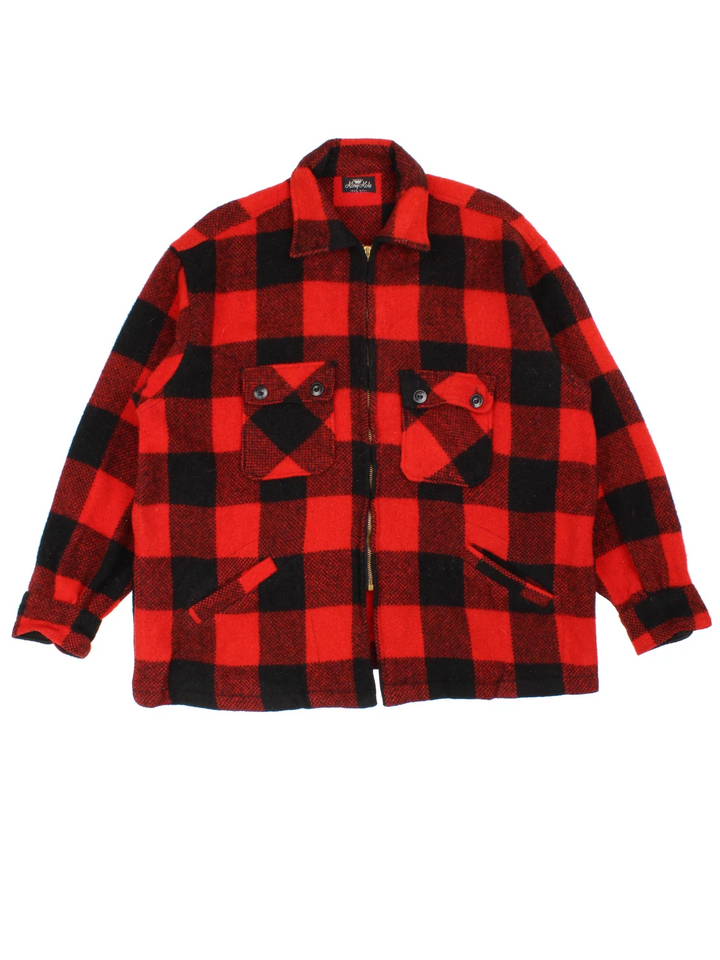 Vintage King Kole Woollen Flannel CPO Coat in a red and black colourway. Zips up and has multiple pockets, and all over plaid pattern.