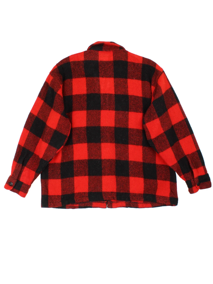 Vintage King Kole Woollen Flannel CPO Coat in a red and black colourway. Zips up and has multiple pockets, and all over plaid pattern.